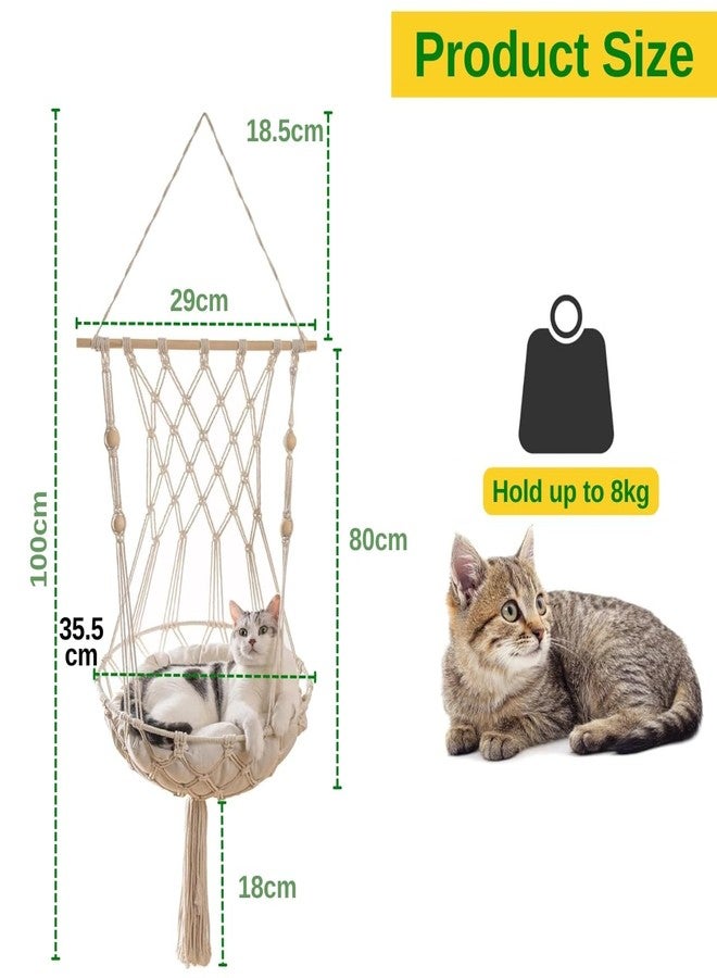 ecofynd Macrame Hanging Cat Hammock Without Cat Bed, Kittens Boho Swing Bed Wall Furniture For Hang Bed For Sleeping, Playing, Climbing & Lounging (39'' L X 14'' W, Bh028), Beige,White - Image 3